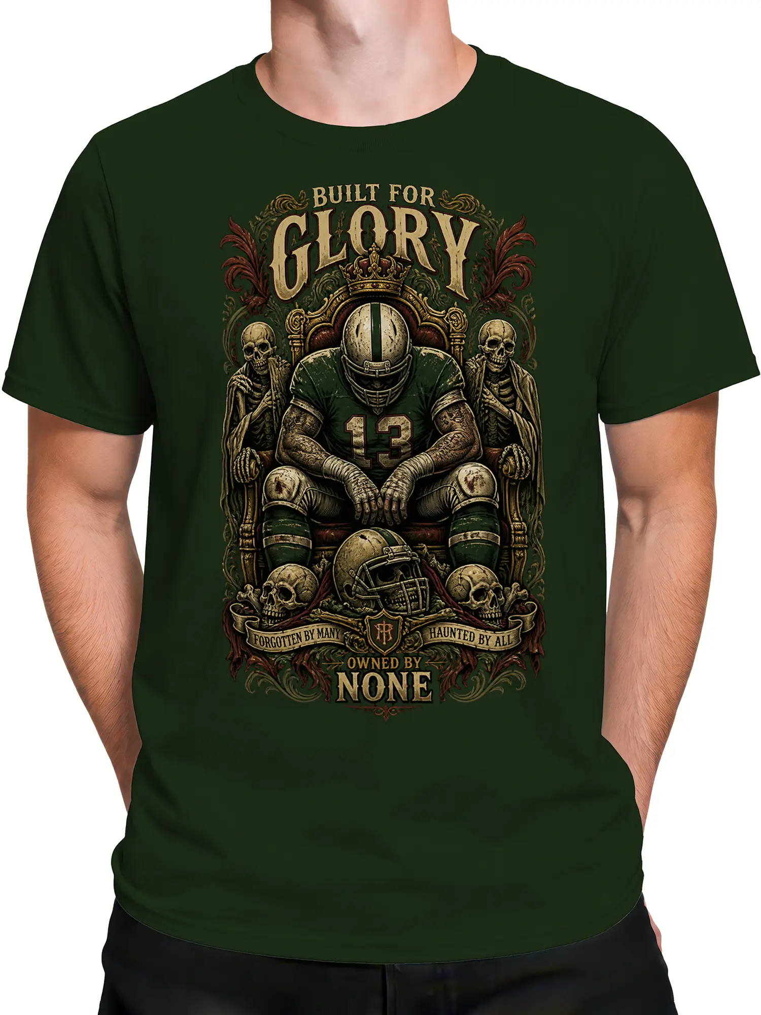Male torso wearing a dark green football T-shirt with gothic skeleton artwork and a helmeted player on a throne