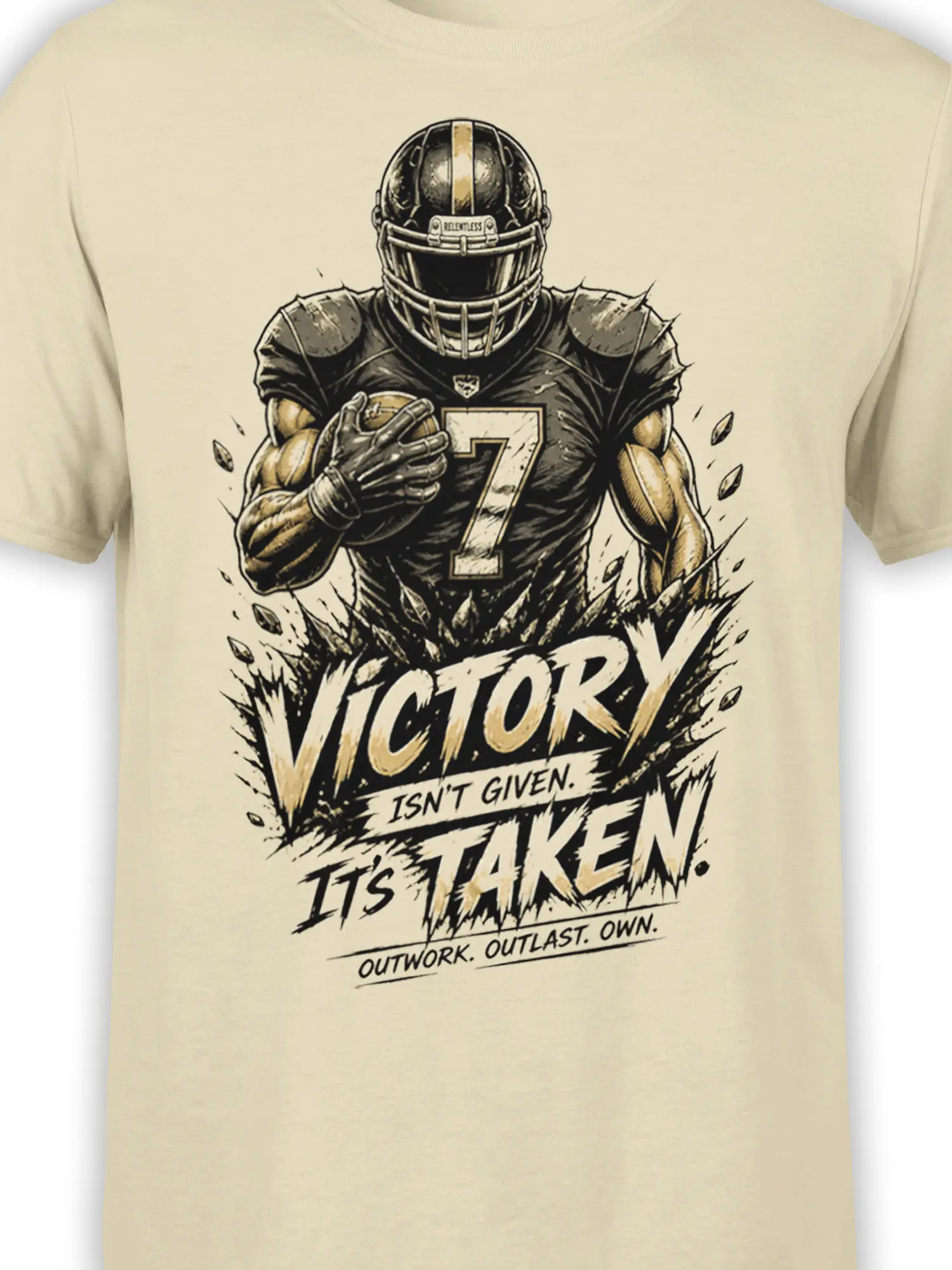 Close-up of number 7 football player and Victory Isn’t Given artwork on beige fabric