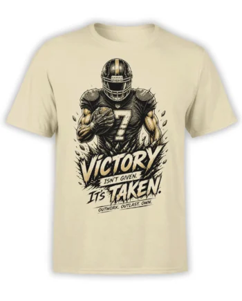 Beige American football T-shirt with number 7 player and bold Victory Isn’t Given graphic