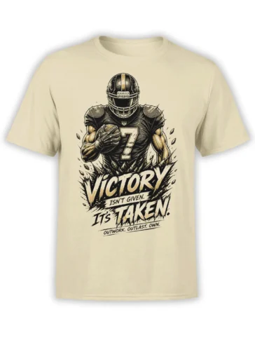 Beige American football T-shirt with number 7 player and bold Victory Isn’t Given graphic
