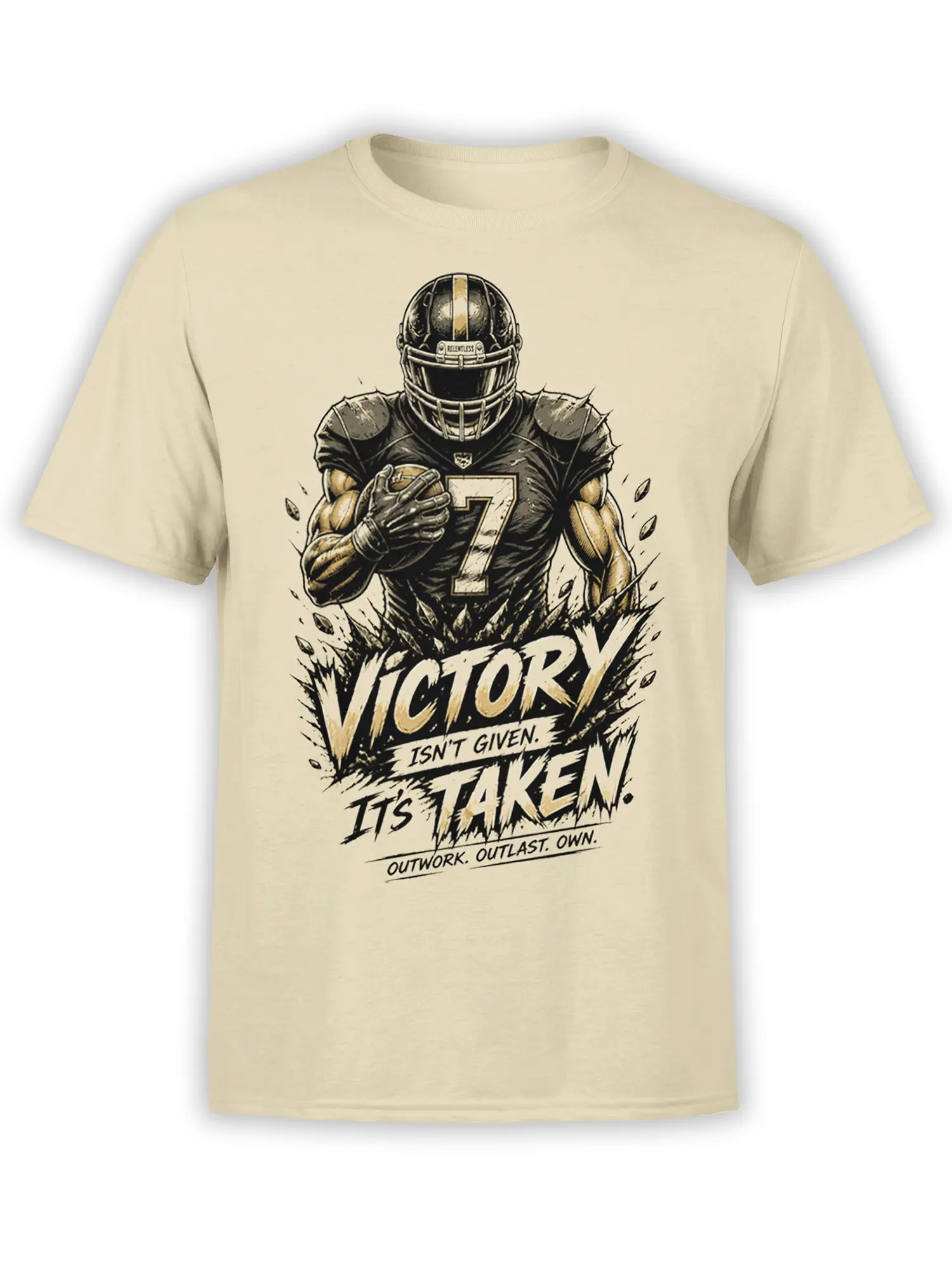 Beige American football T-shirt with number 7 player and bold Victory Isn’t Given graphic