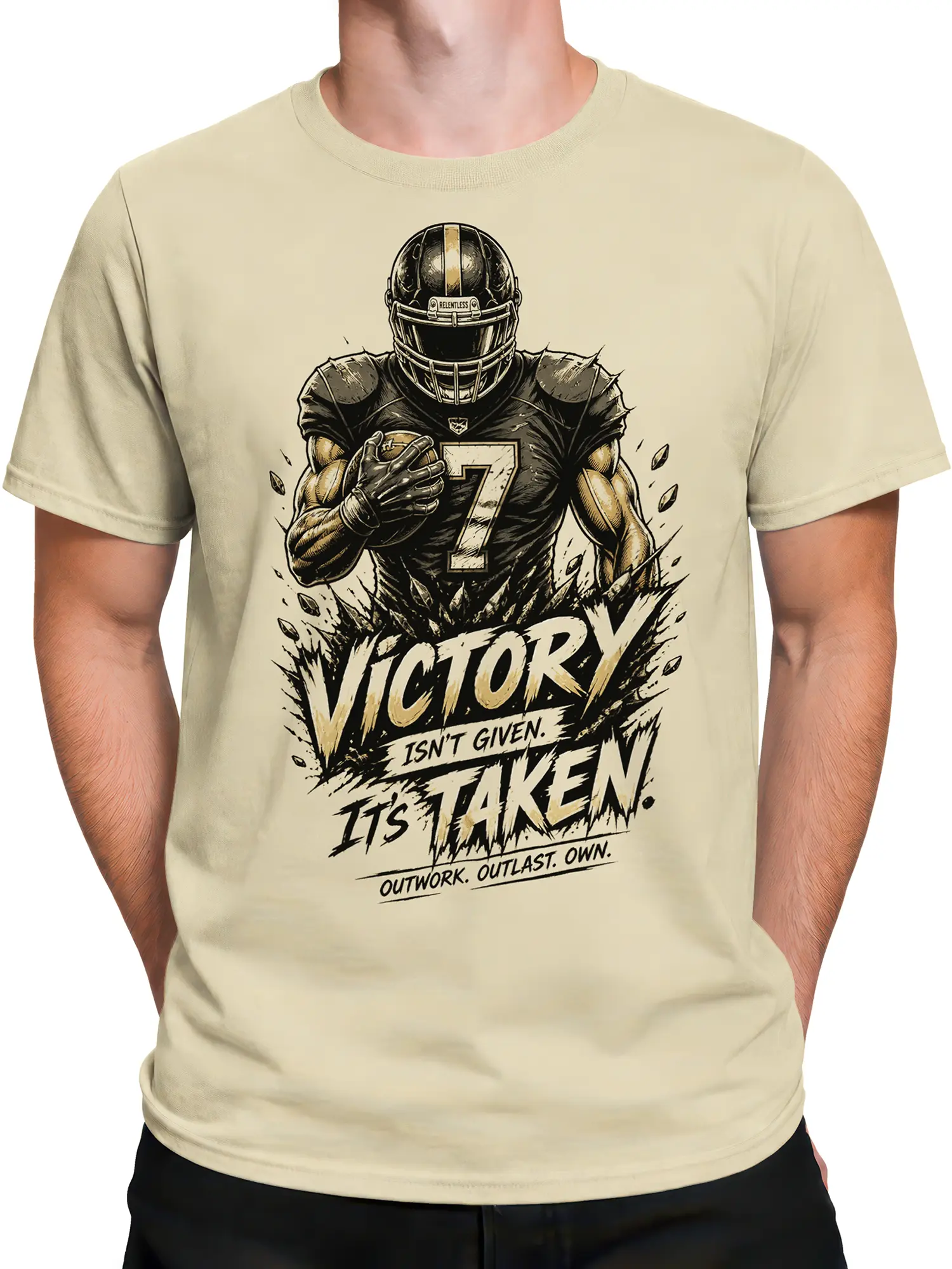 Male torso wearing a beige American football T-shirt with number 7 Victory artwork