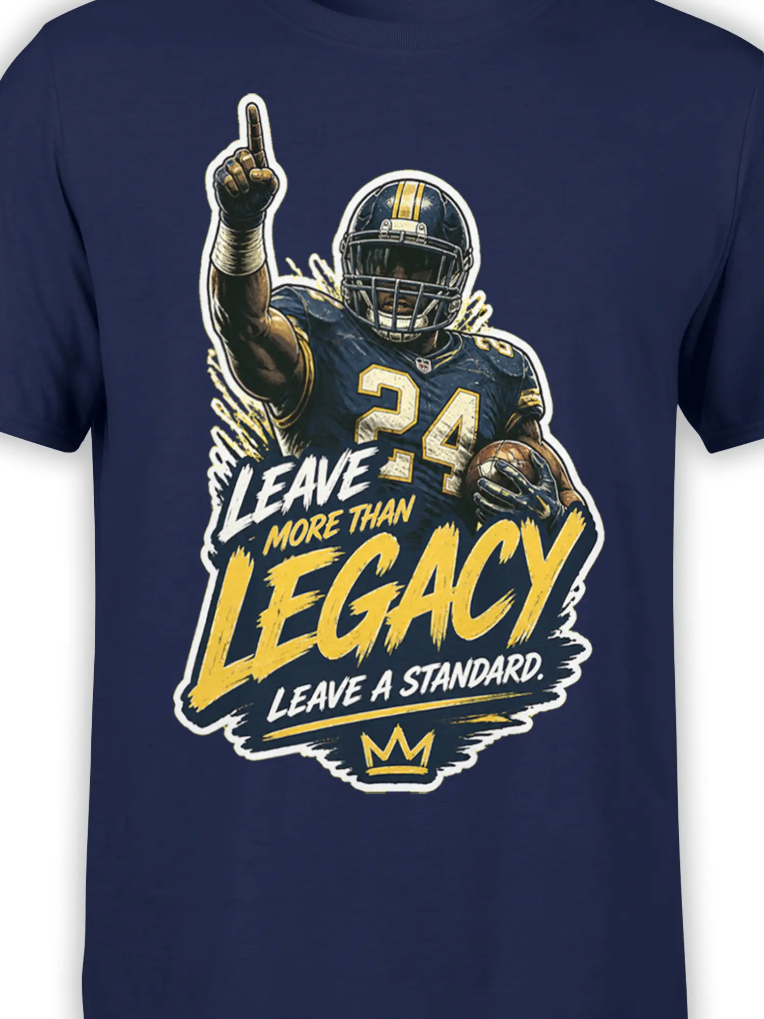Close-up of the navy football graphic showing the player, number 24, crown symbol, and bold legacy lettering