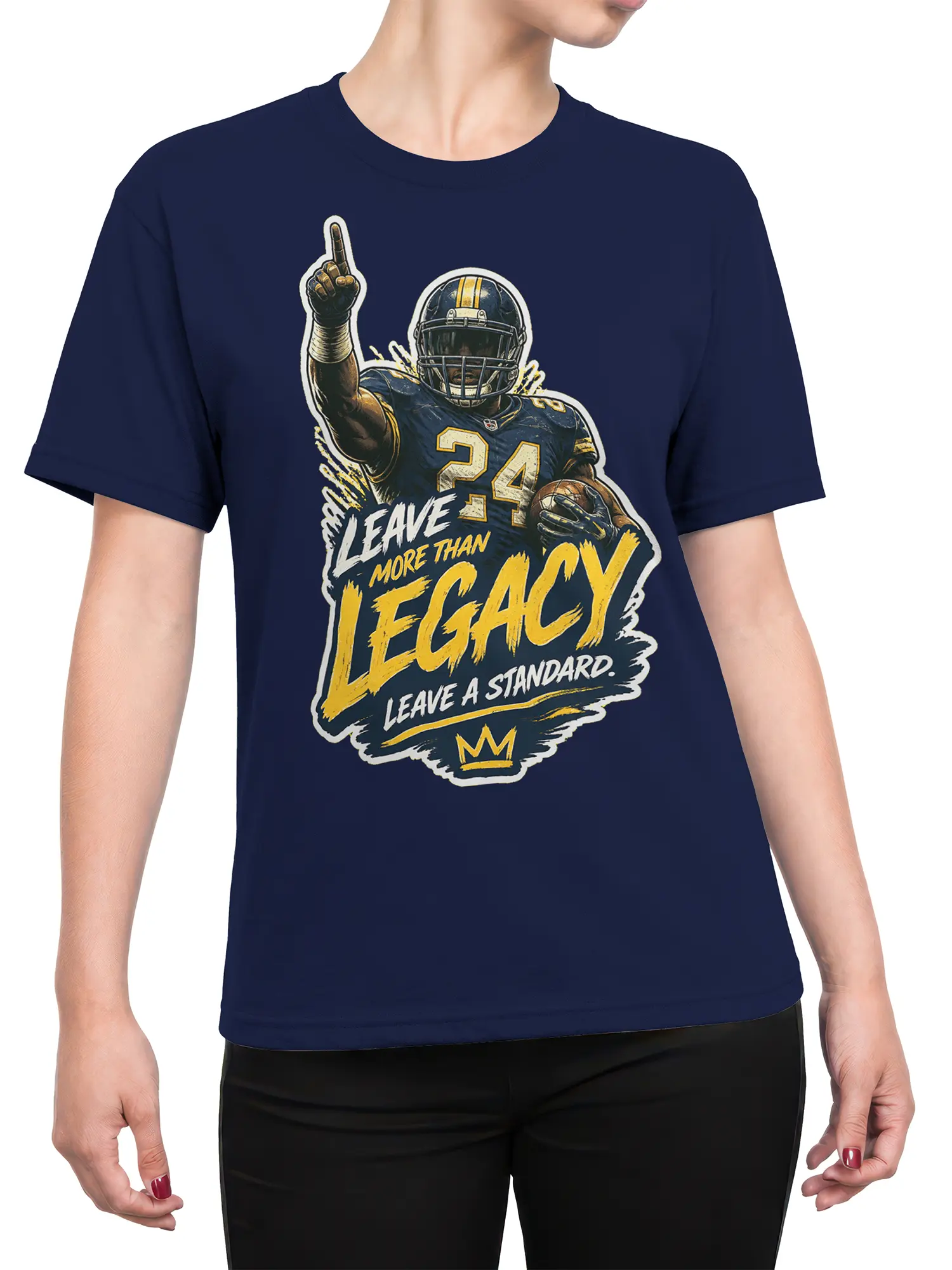 Female torso wearing a navy football T-shirt with number 24, vintage sports artwork, and legacy message