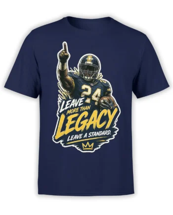 Navy football t-shirt with vintage player graphic, number 24, crown symbol, and “Leave More Than Legacy” text