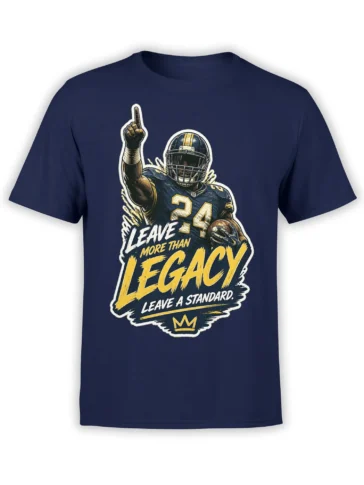Navy football t-shirt with vintage player graphic, number 24, crown symbol, and “Leave More Than Legacy” text
