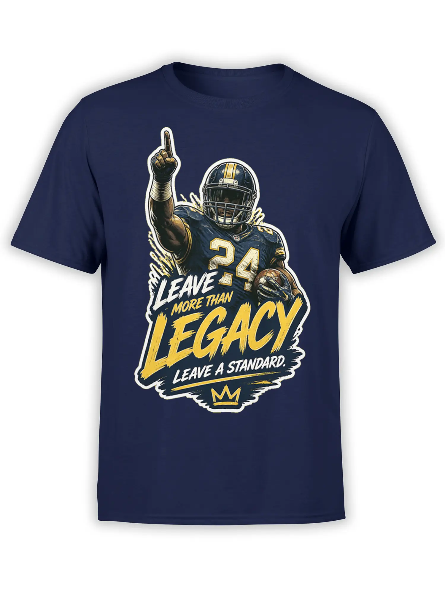 Navy football t-shirt with vintage player graphic, number 24, crown symbol, and “Leave More Than Legacy” text