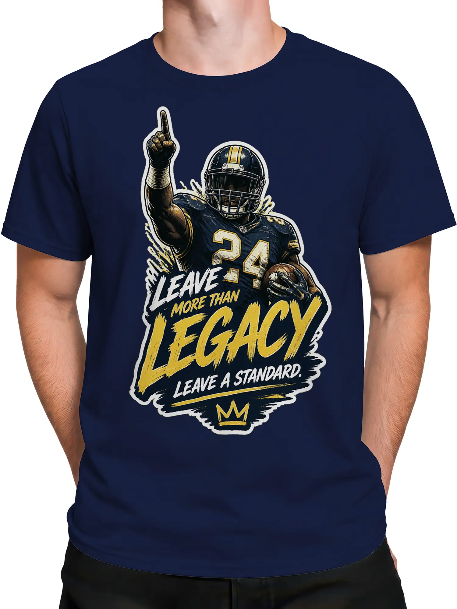 Male torso wearing a navy football T-shirt with vintage player artwork and “Leave More Than Legacy” text