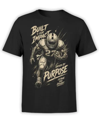 Black football T-shirt with a charging helmeted player, number 27, and bold Built for Impact lettering