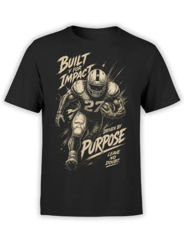 Black football T-shirt with a charging helmeted player, number 27, and bold Built for Impact lettering