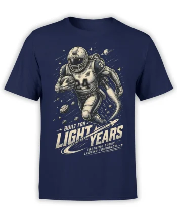 Vintage astronaut athlete wearing number 24 jersey on navy T-shirt with rocket, planets, and stars