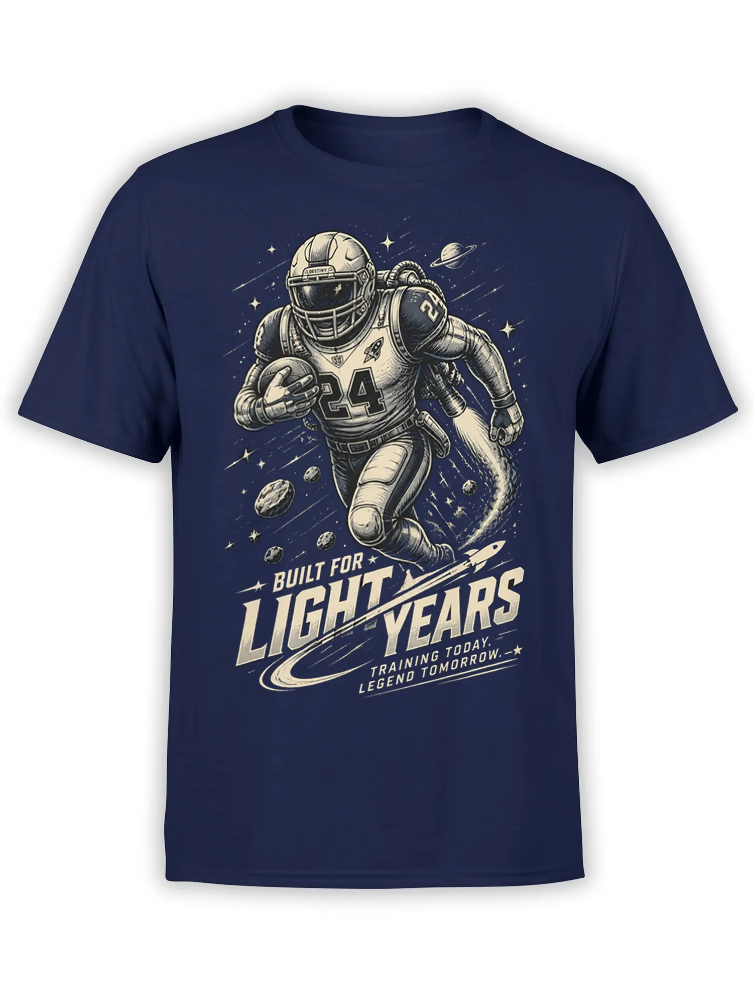 Vintage astronaut athlete wearing number 24 jersey on navy T-shirt with rocket, planets, and stars