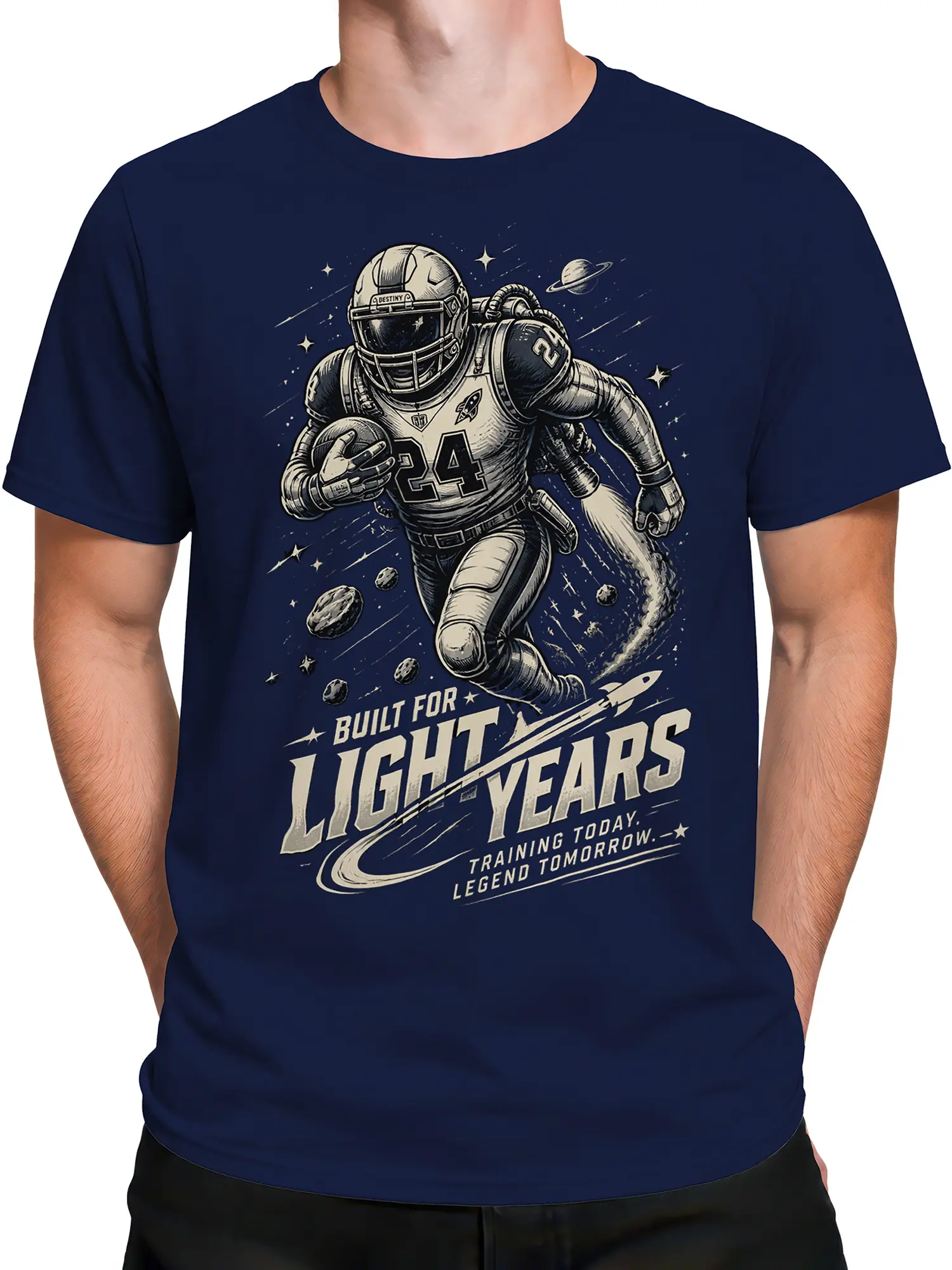 Male torso wearing navy astronaut T-shirt with number 24 jersey and vintage space graphic design
