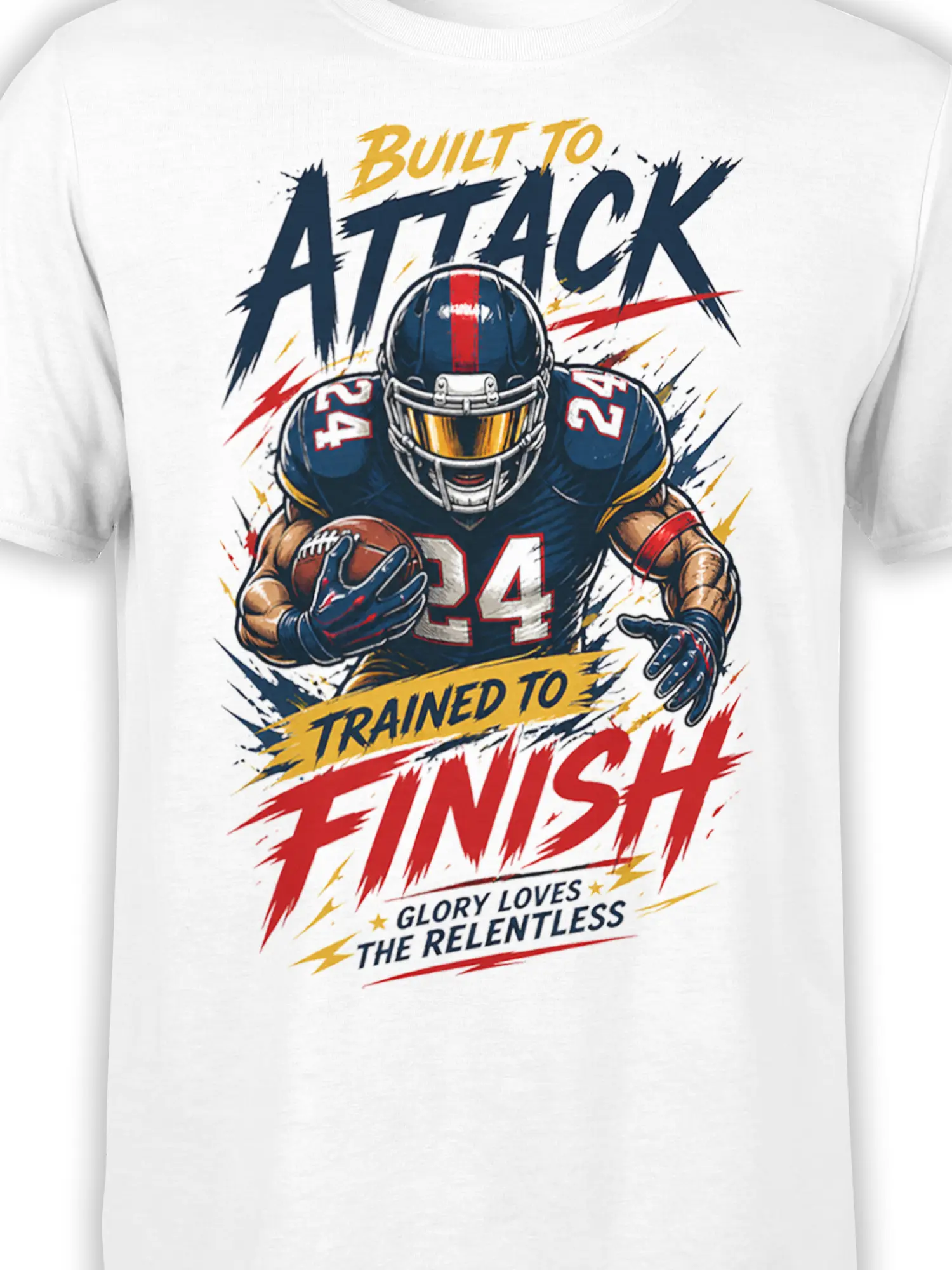 Close-up of football player number 24 artwork with Built to Attack and Trained to Finish lettering