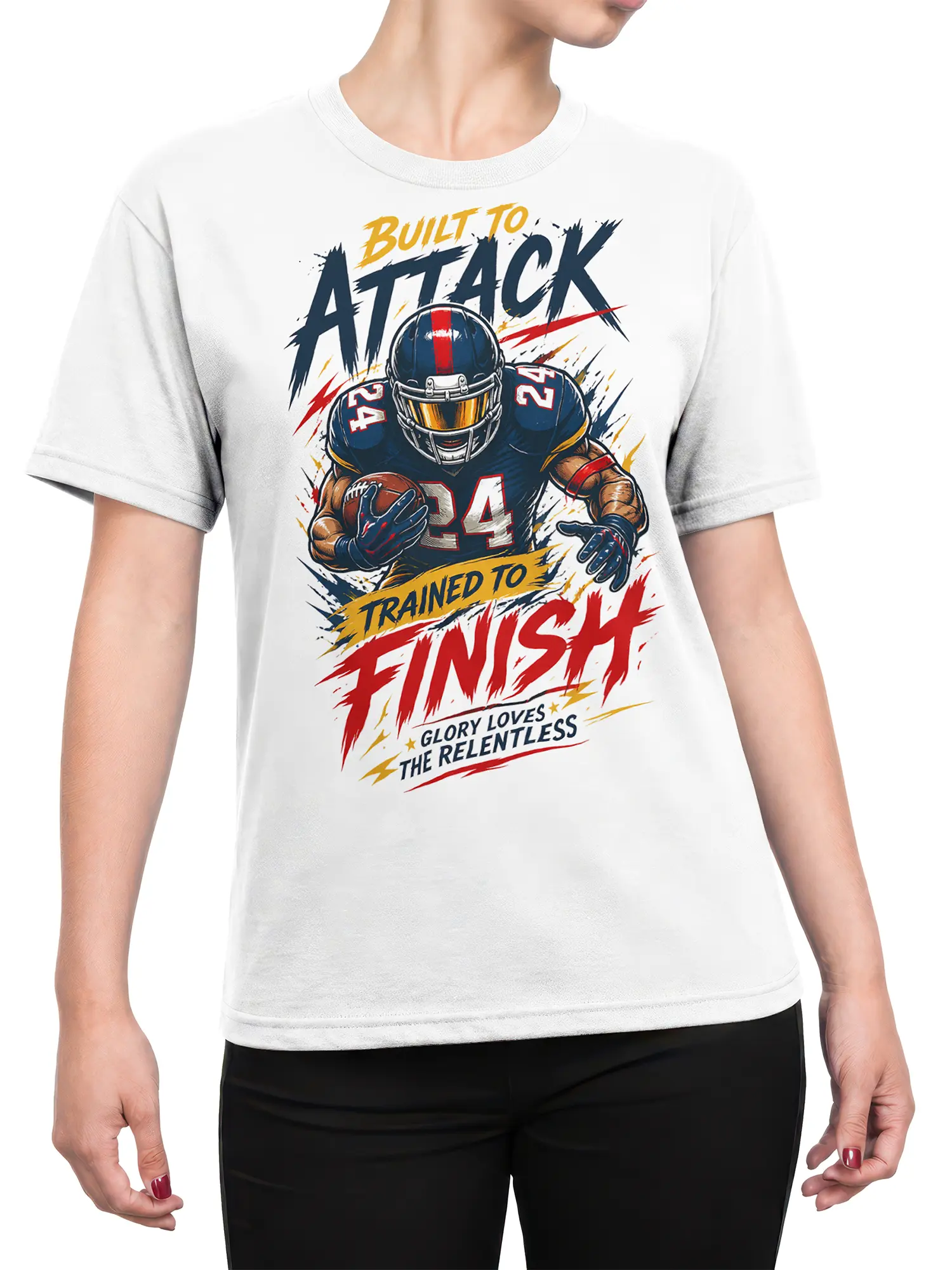 Female torso wearing a white football T-shirt with number 24 player artwork and bold athletic lettering