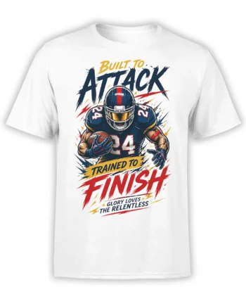 White T-shirt with helmeted American football player, number 24, football, and bold Built to Attack artwork