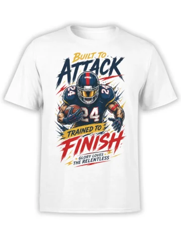 White T-shirt with helmeted American football player, number 24, football, and bold Built to Attack artwork