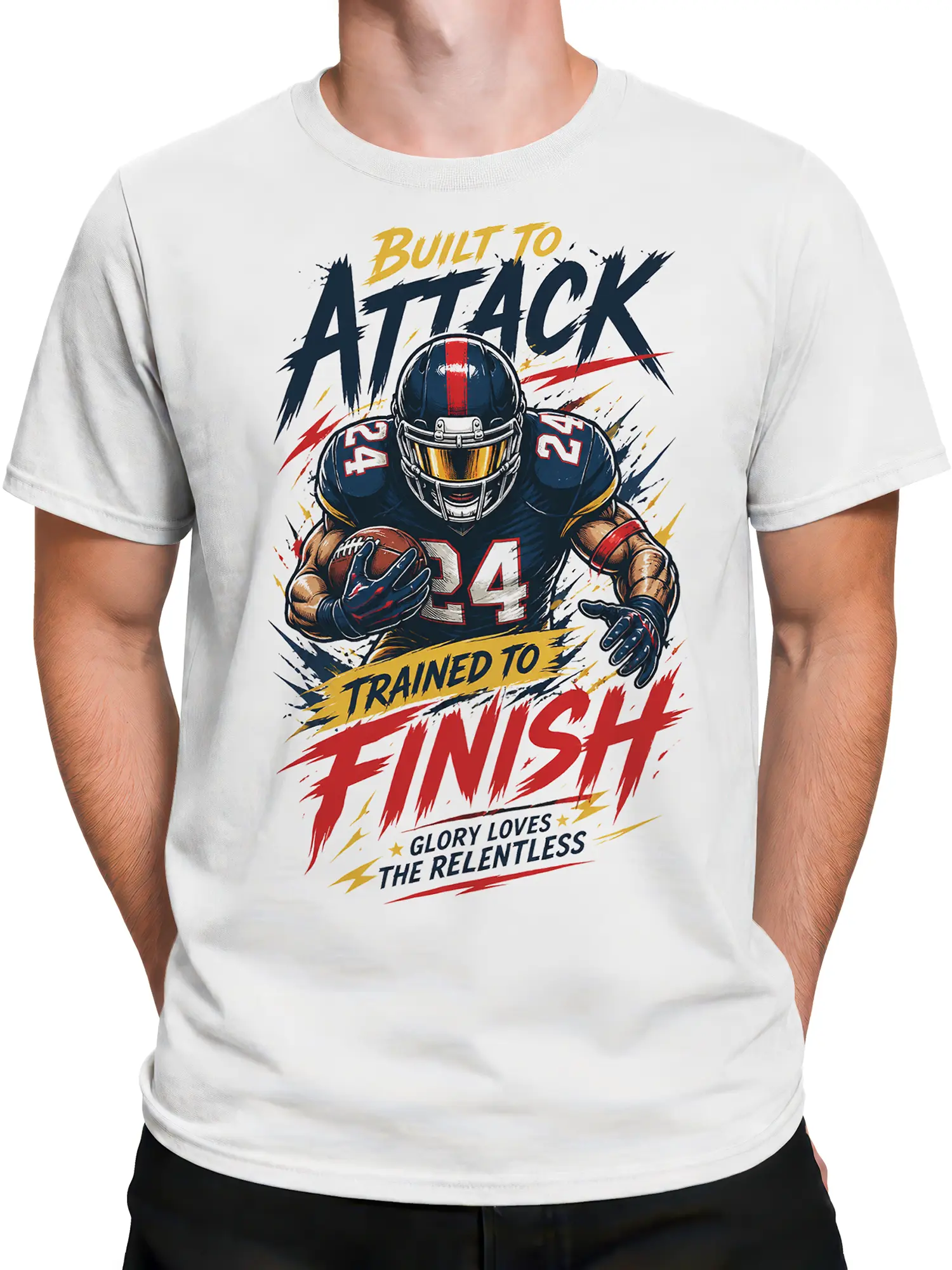 Male torso wearing a white American football T-shirt with helmeted player and relentless sports artwork