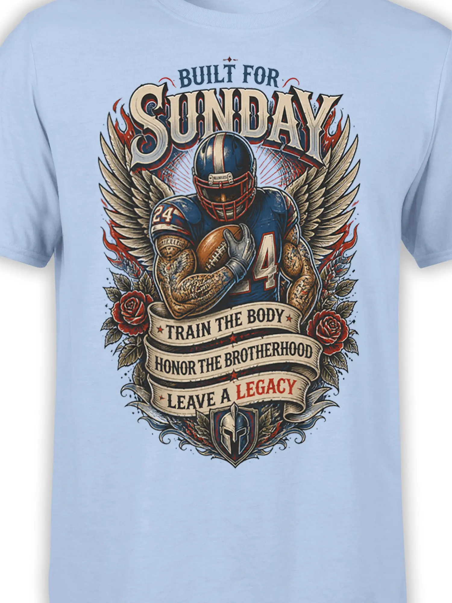 Close-up of Sunday Legacy football artwork with winged player, roses, shield, and bold vintage lettering