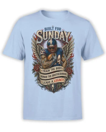 Light blue football T-shirt with winged player, roses, shield, and Sunday Legacy artwork