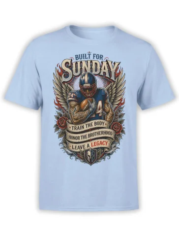 Light blue football T-shirt with winged player, roses, shield, and Sunday Legacy artwork