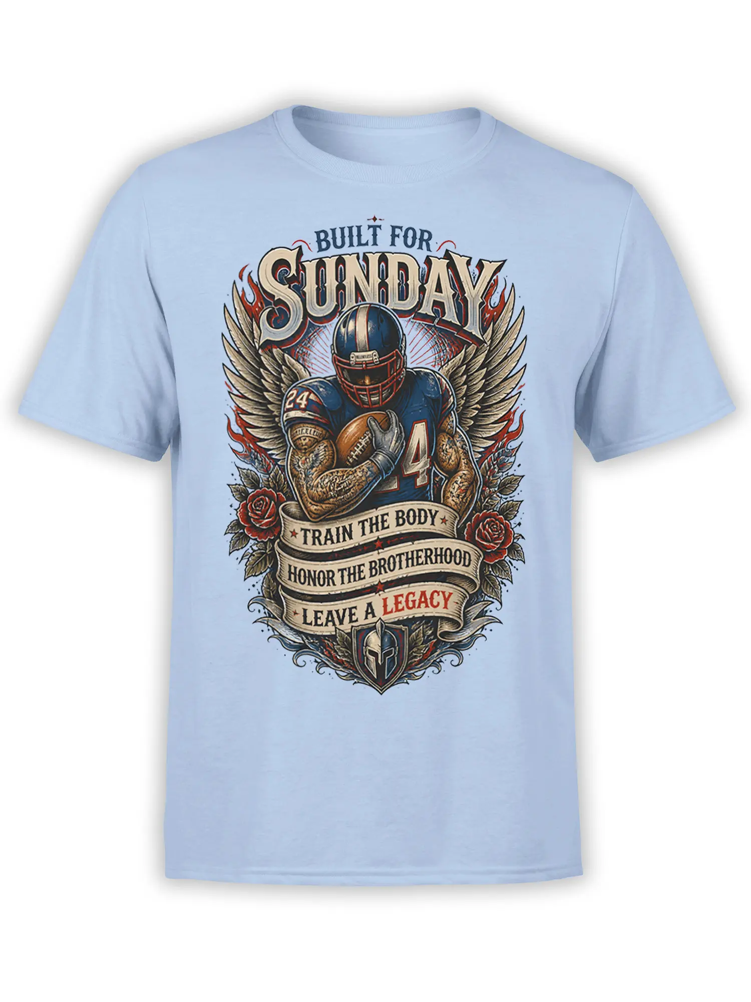 Light blue football T-shirt with winged player, roses, shield, and Sunday Legacy artwork