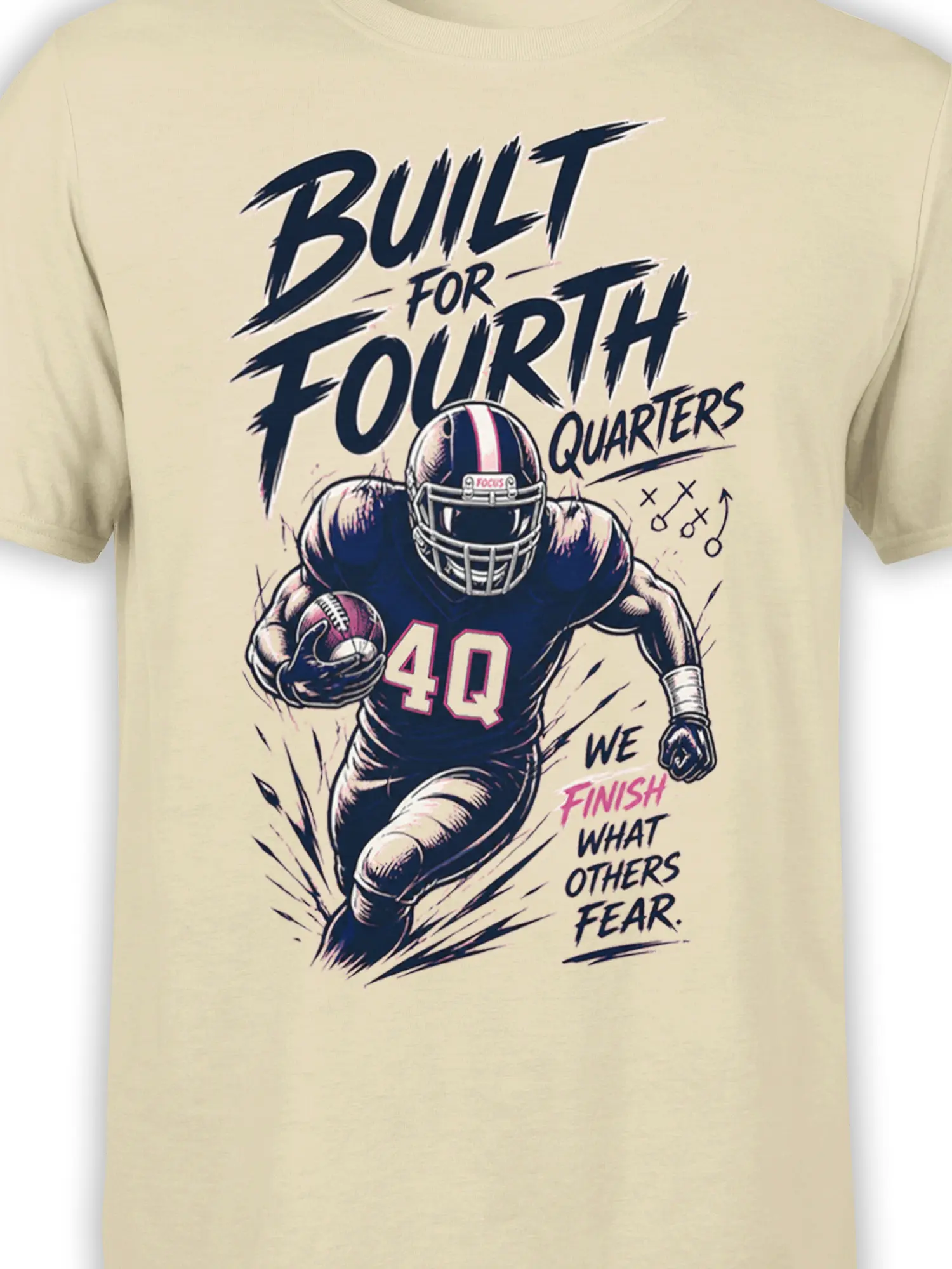 Close-up of football player graphic, 4Q jersey, play diagrams, and fourth-quarter text on beige fabric