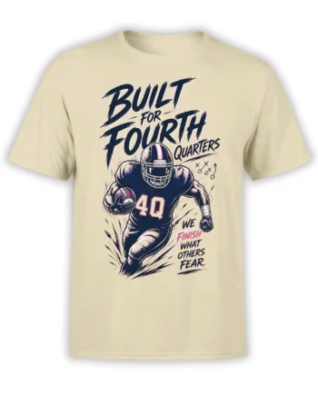 Beige football T-shirt with helmeted player, 4Q jersey, fourth-quarter lettering, and bold sports artwork
