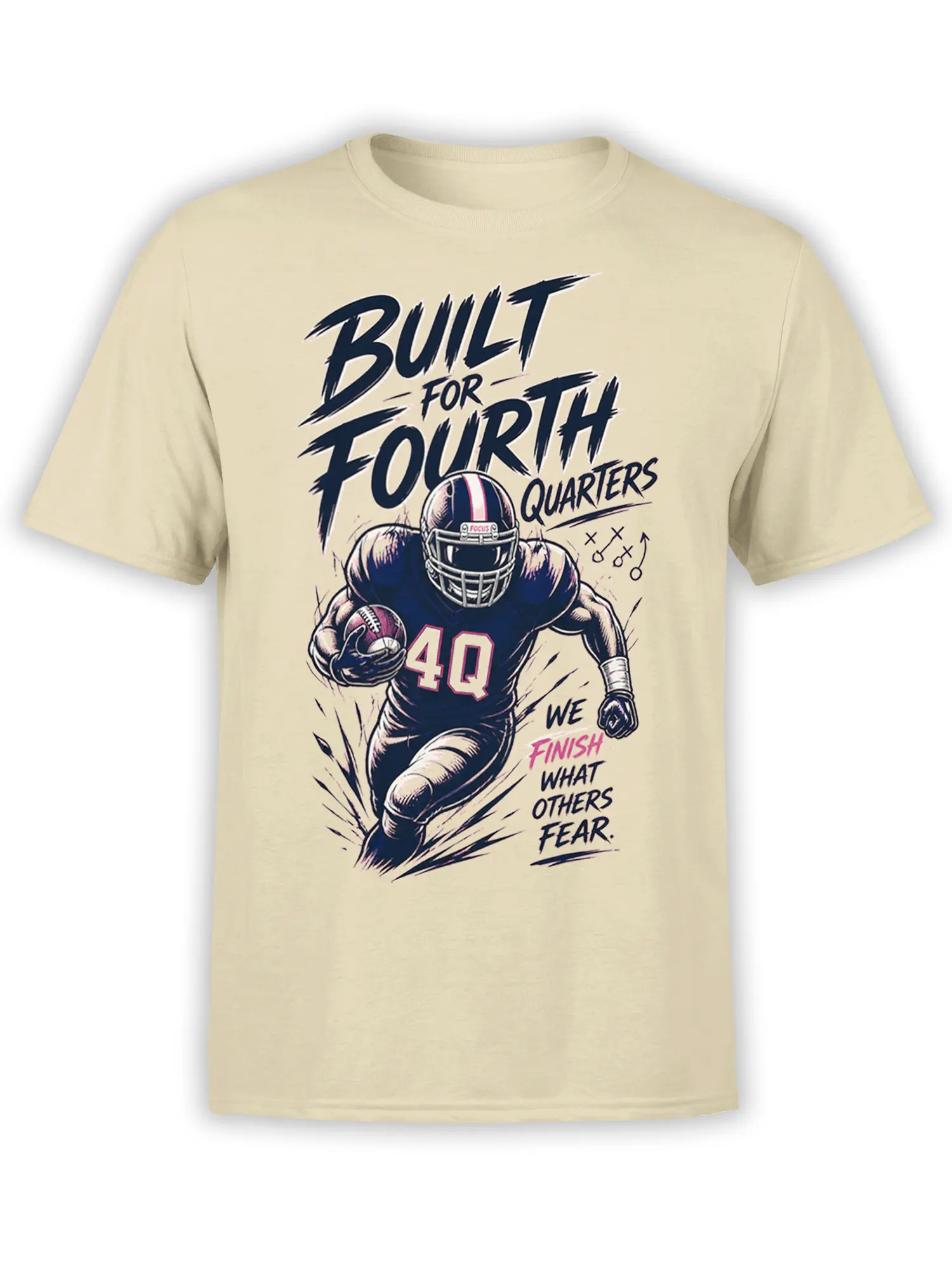 Beige football T-shirt with helmeted player, 4Q jersey, fourth-quarter lettering, and bold sports artwork