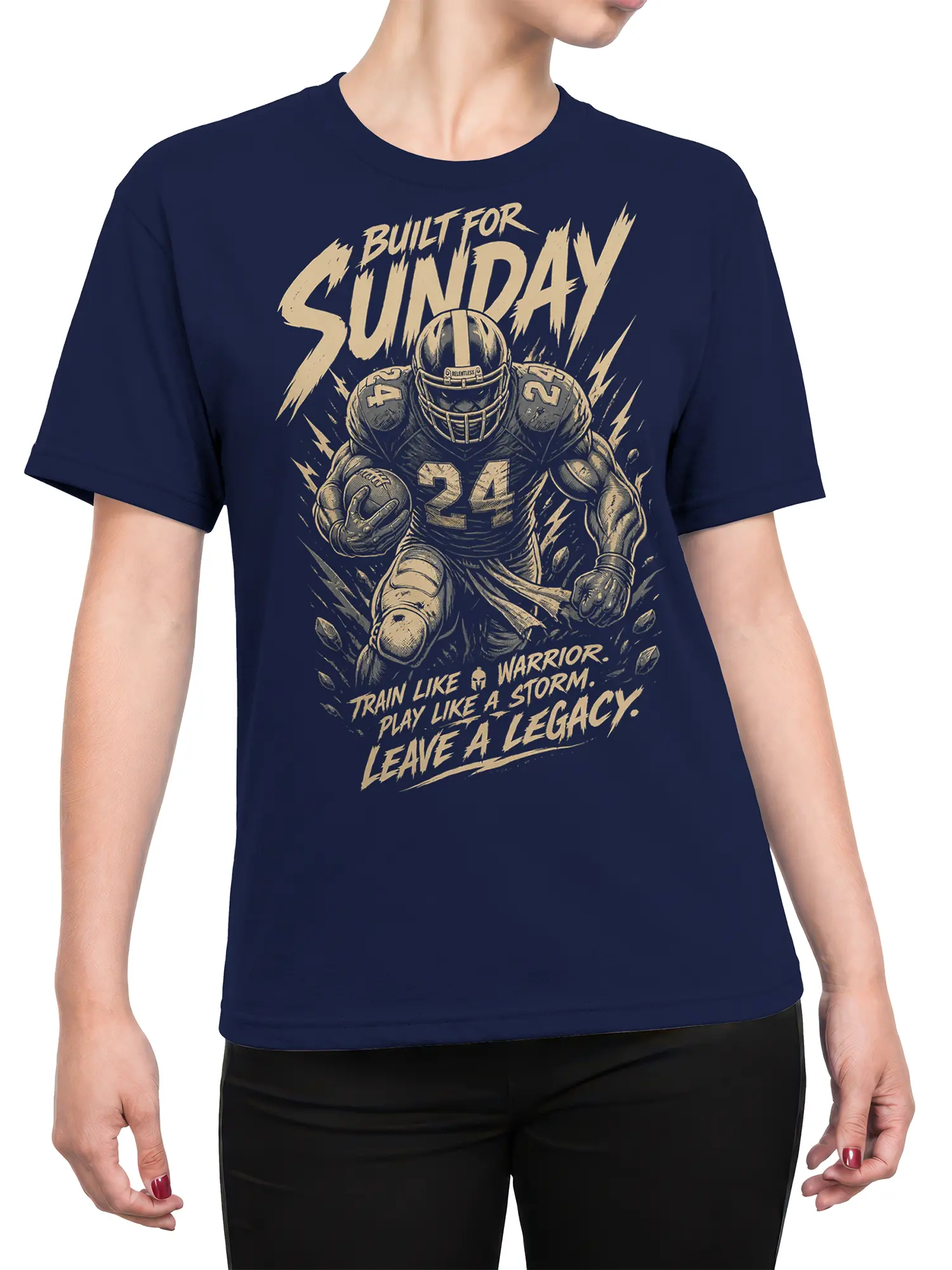 Female torso wearing a navy American football T-shirt with a bold number 24 player graphic and cream lettering