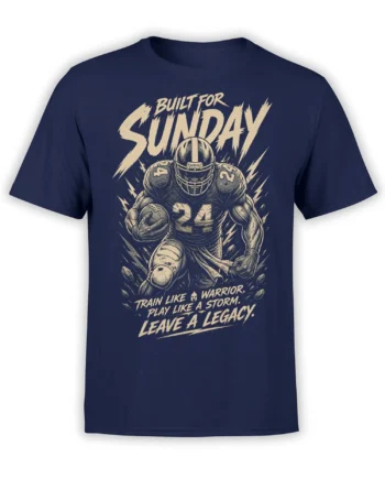 Navy American football T-shirt with helmeted player number 24, cream lightning graphics, and bold legacy lettering