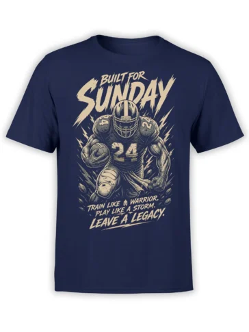 Navy American football T-shirt with helmeted player number 24, cream lightning graphics, and bold legacy lettering