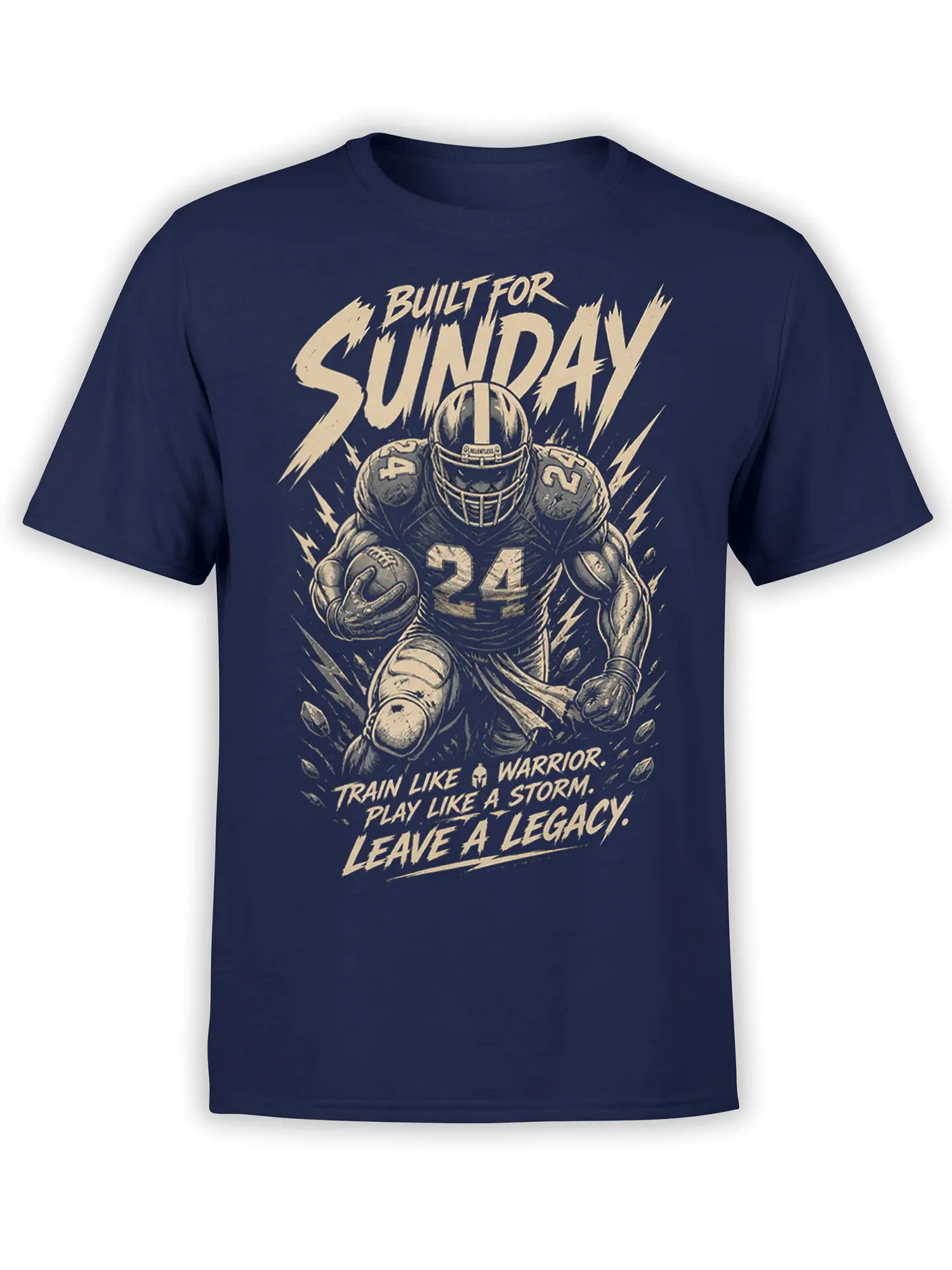 Navy American football T-shirt with helmeted player number 24, cream lightning graphics, and bold legacy lettering