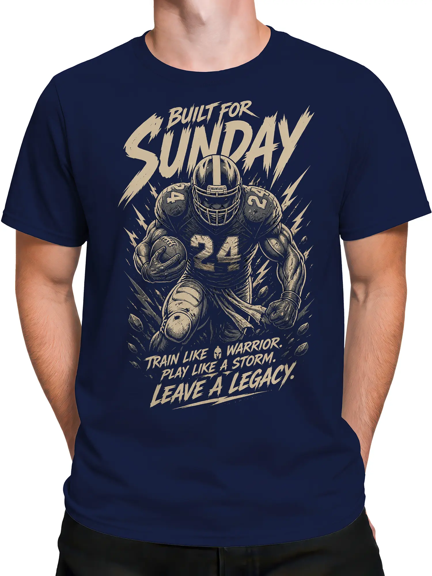 Male torso wearing a navy American football T-shirt with football player number 24 and legacy slogan