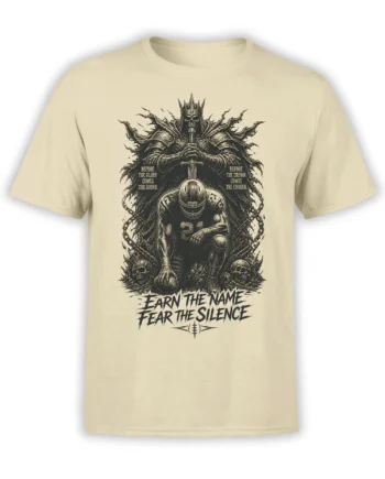 Beige football T-shirt with armored player number 21 beneath a crowned skeleton king and motivational text