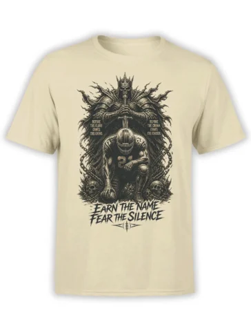 Beige football T-shirt with armored player number 21 beneath a crowned skeleton king and motivational text