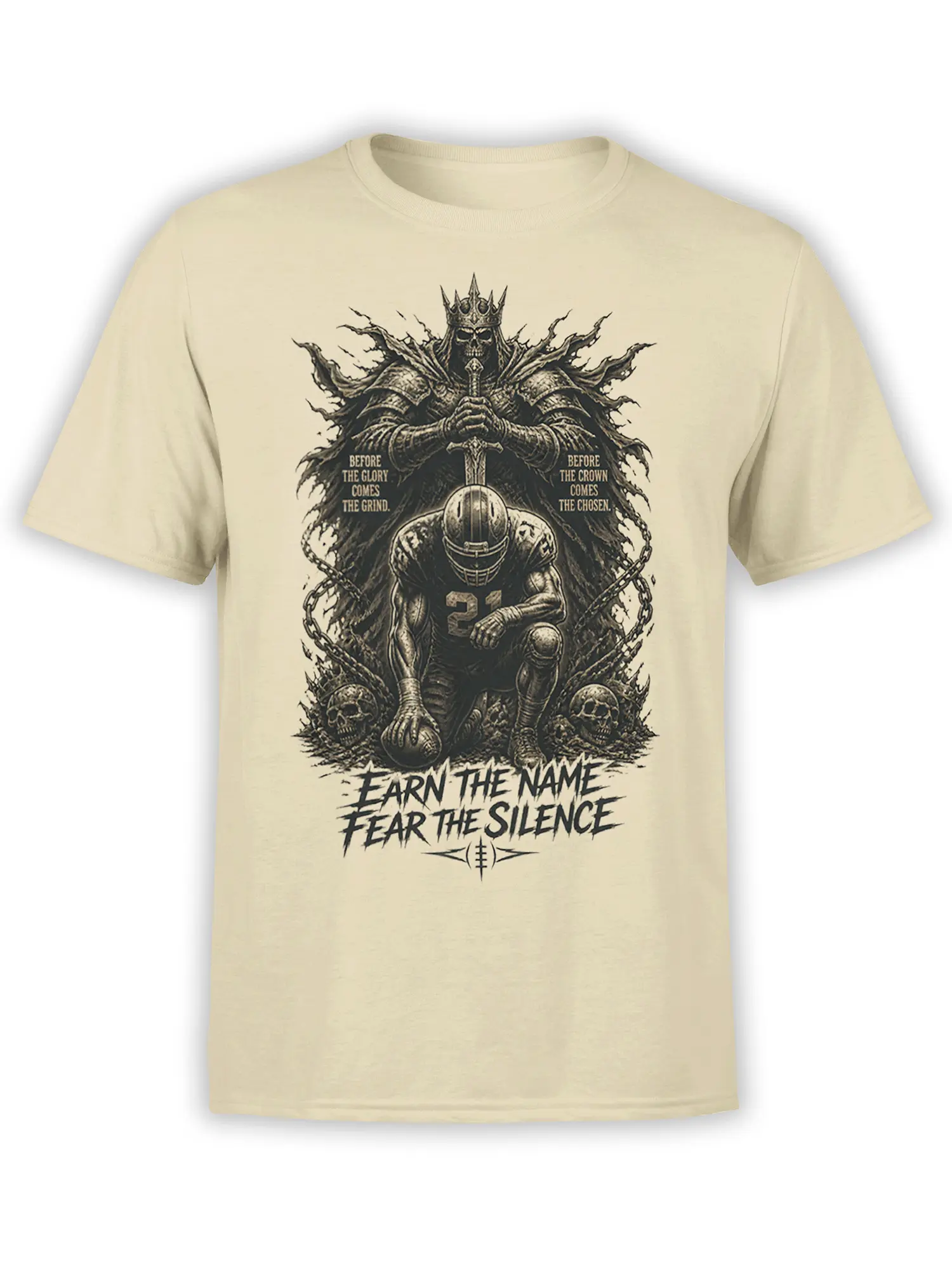 Beige football T-shirt with armored player number 21 beneath a crowned skeleton king and motivational text
