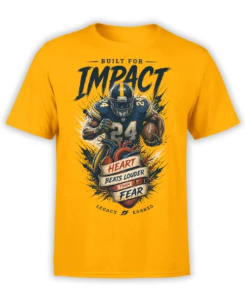 Yellow American football T-shirt with helmeted player, anatomical heart, and “Heart Beats Louder Than Fear” design