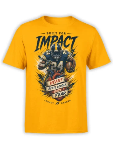 Yellow American football T-shirt with helmeted player, anatomical heart, and “Heart Beats Louder Than Fear” design