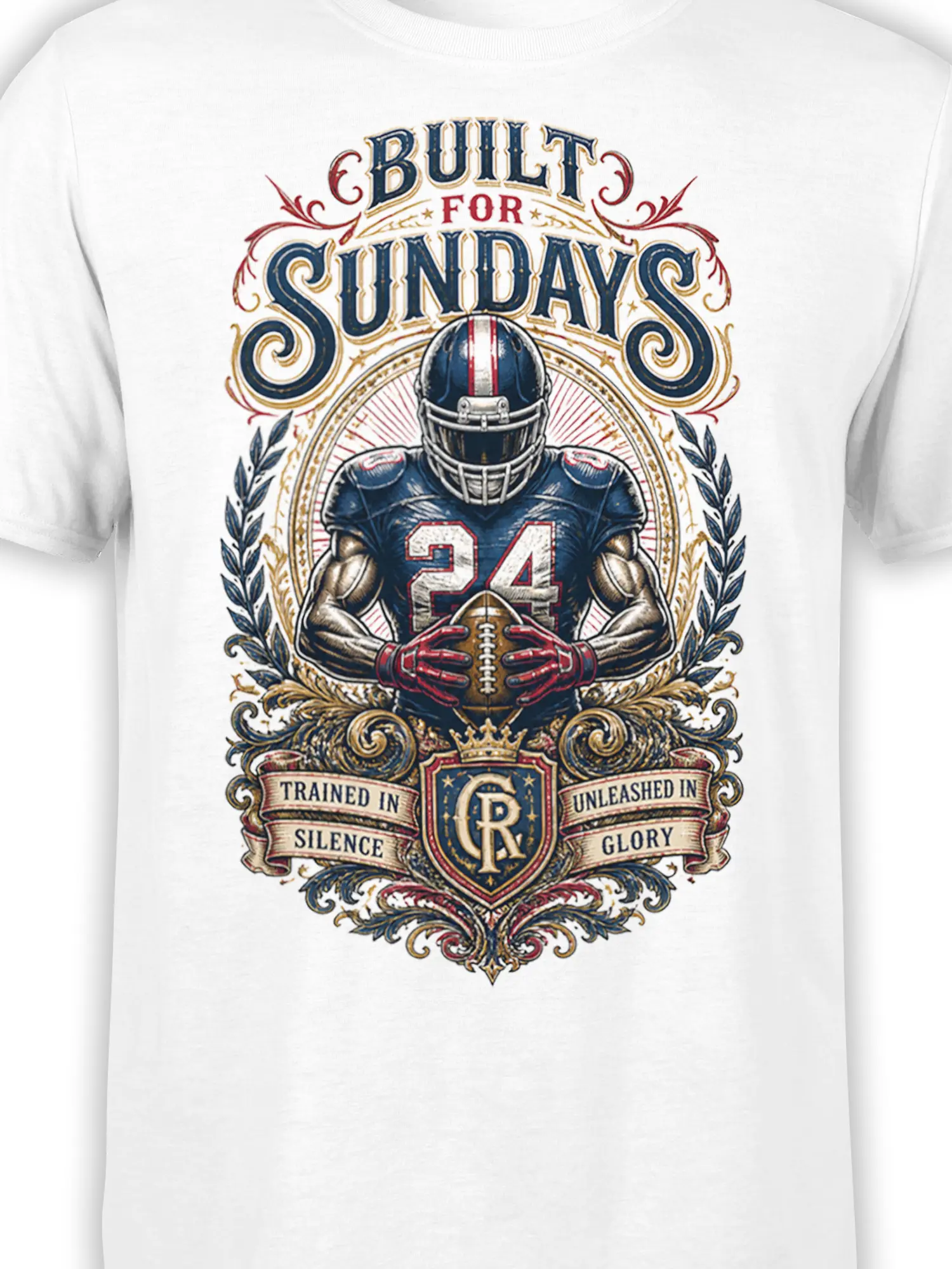 Close-up of the white football graphic tee showing the helmeted player, number 24, football, crest, and detailed vintage artwork
