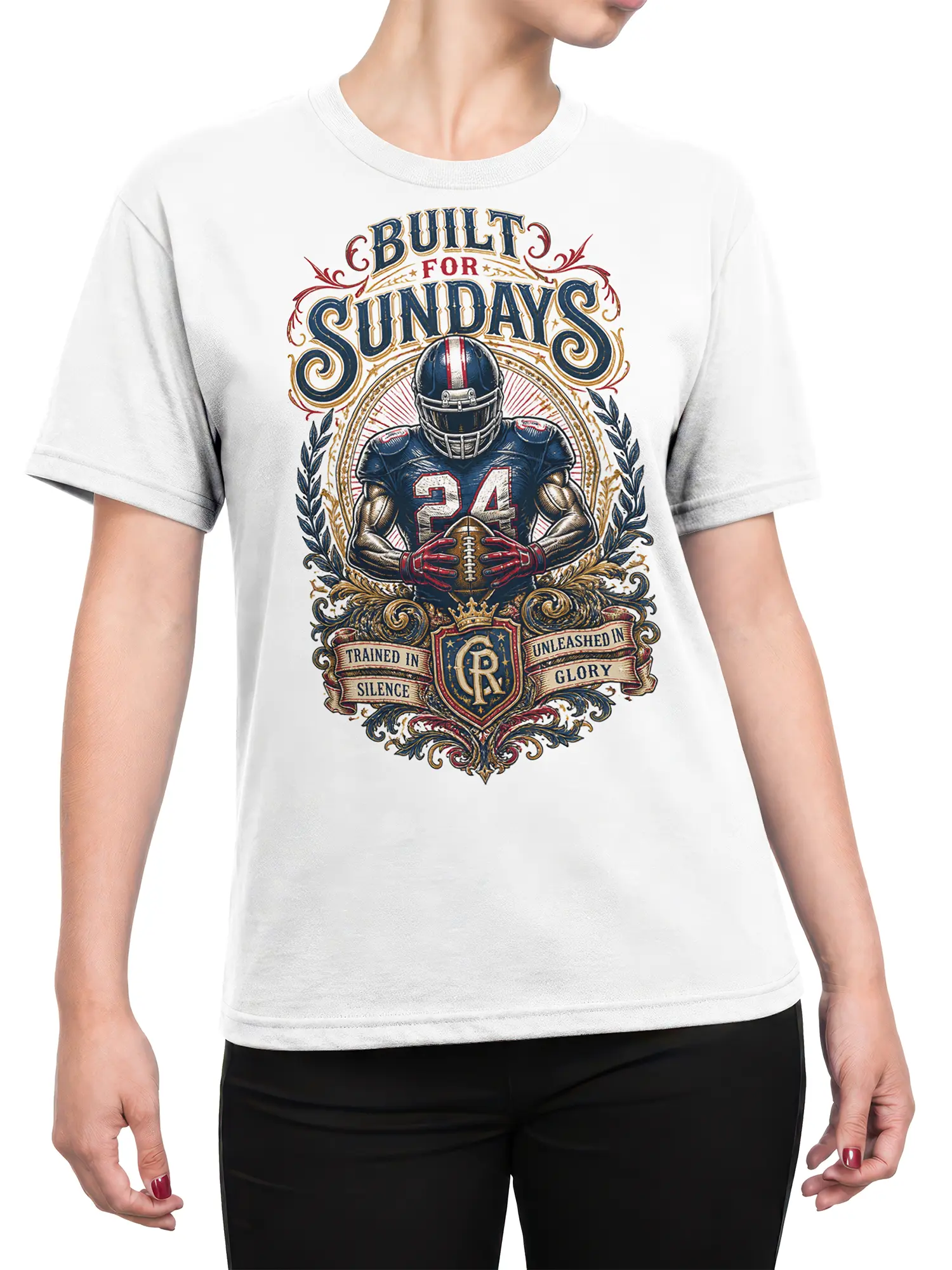 Female torso wearing a white football T-shirt with a vintage helmeted player, number 24, and Built for Sundays graphic