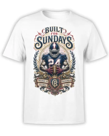 White football T-shirt with helmeted player number 24, vintage crest, laurel wreath, and Built for Sundays lettering