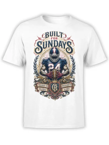 White football T-shirt with helmeted player number 24, vintage crest, laurel wreath, and Built for Sundays lettering