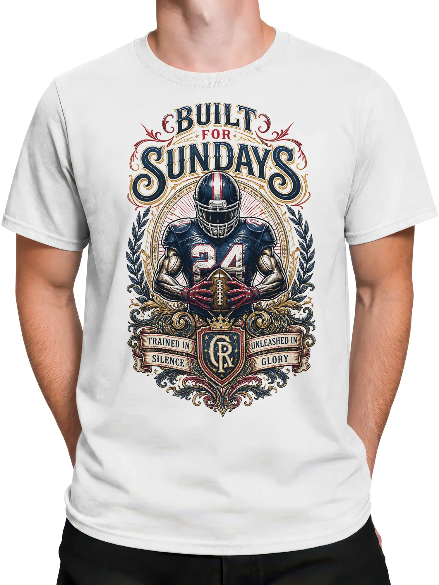Male torso wearing a white football T-shirt with a vintage player, number 24, football crest, and Sunday lettering