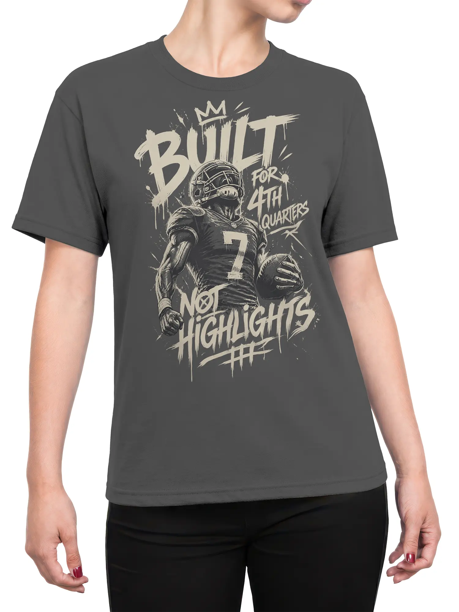 Female torso wearing gray football T-shirt with helmeted player and fourth-quarter sports graphic