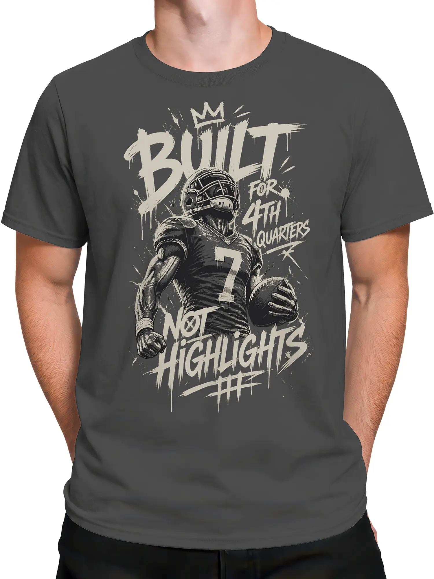 Male torso wearing gray football T-shirt with player, ball, number 7, and sports lettering
