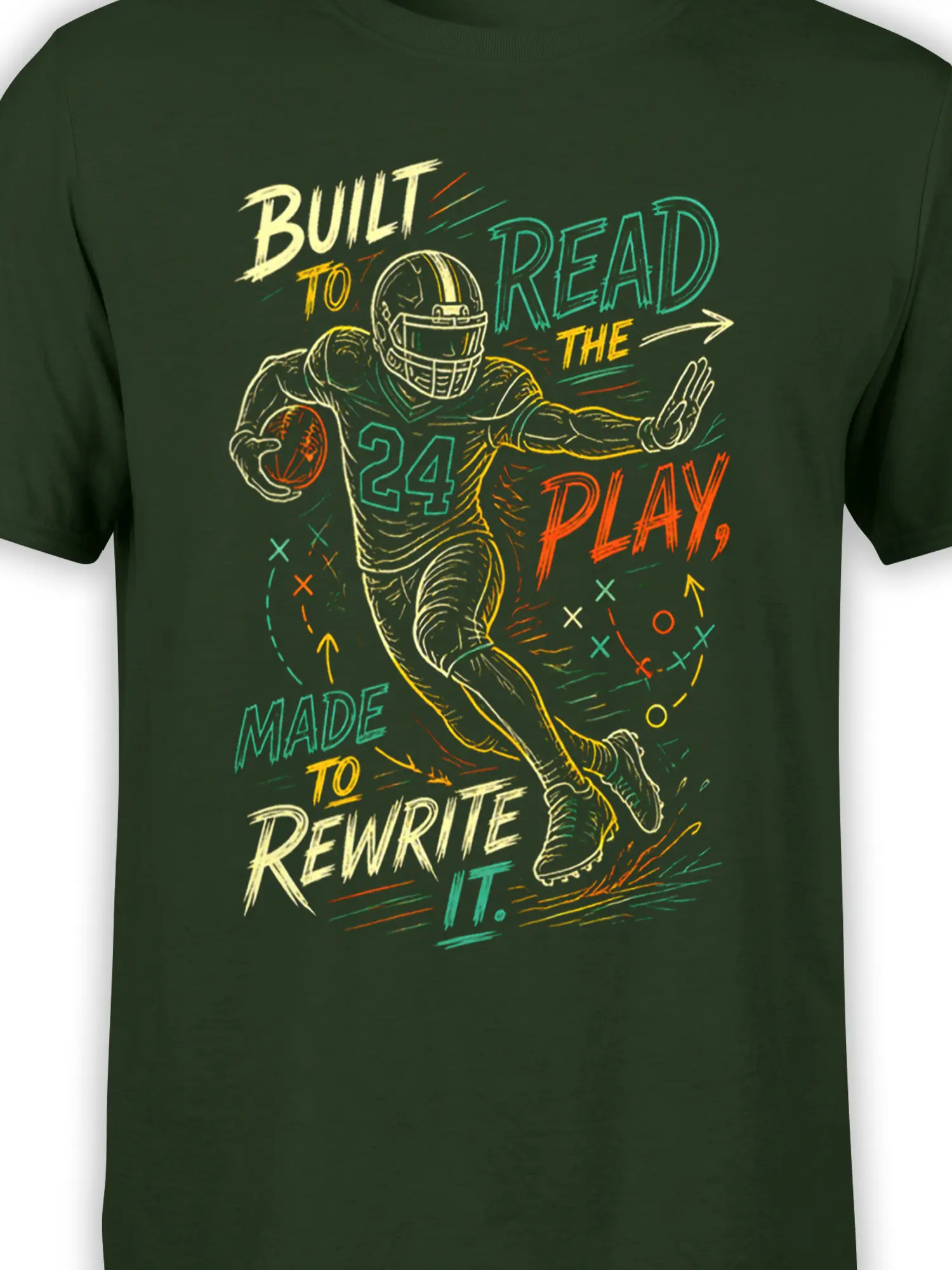 Close-up of the green football graphic showing the number 24 player, football, route marks, and colorful lettering