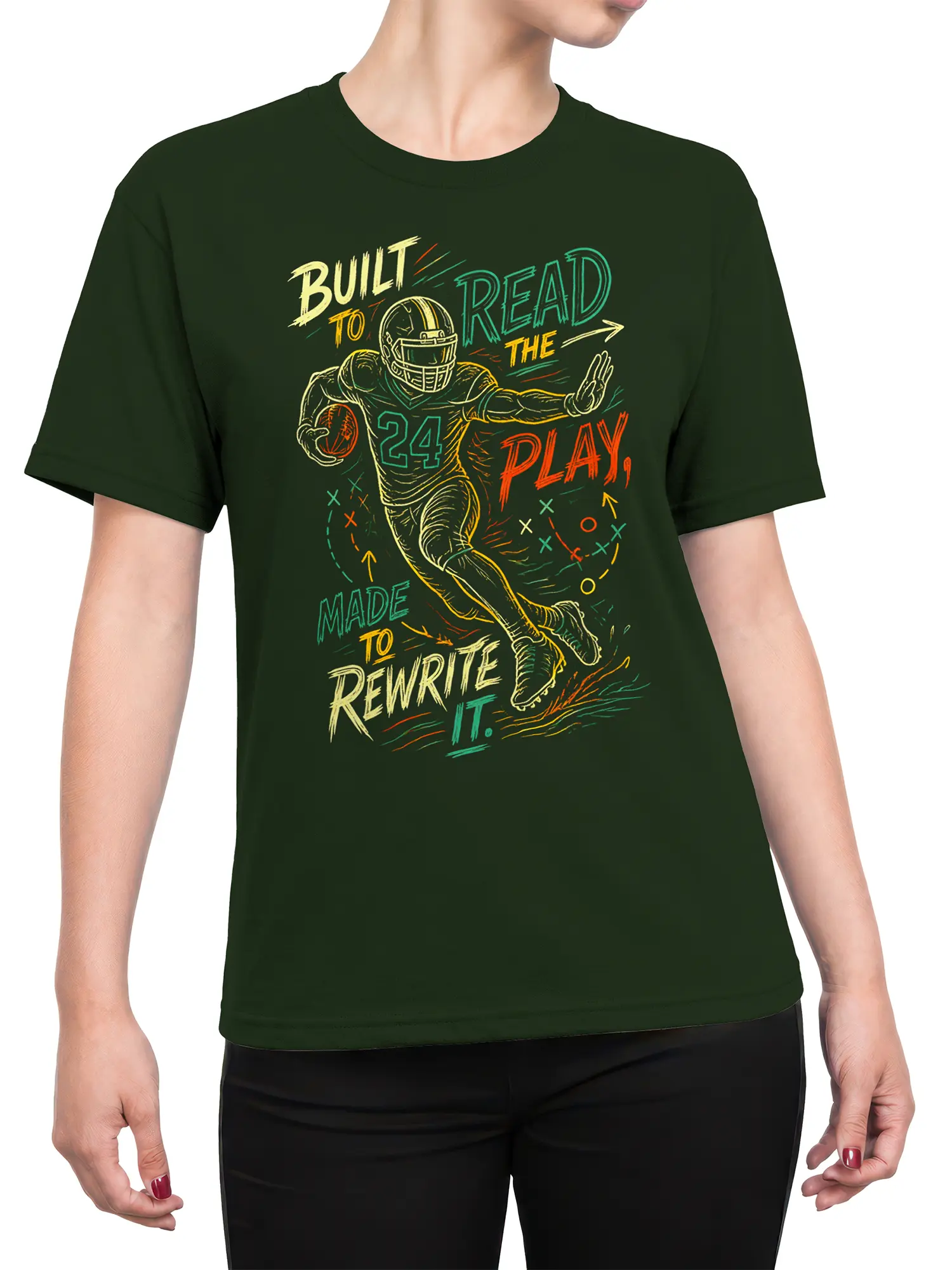 Female torso wearing a green football t-shirt with a number 24 player and colorful rewrite-the-play graphic