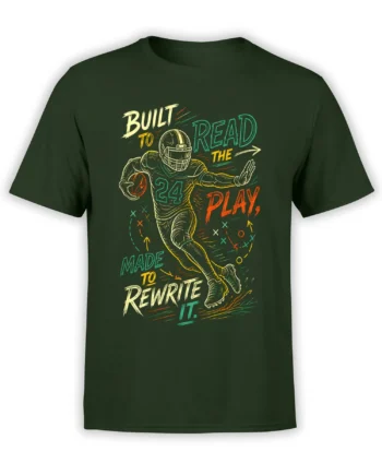 Green football t-shirt with helmeted number 24 player, colorful playbook arrows, and bold rewrite-the-play lettering