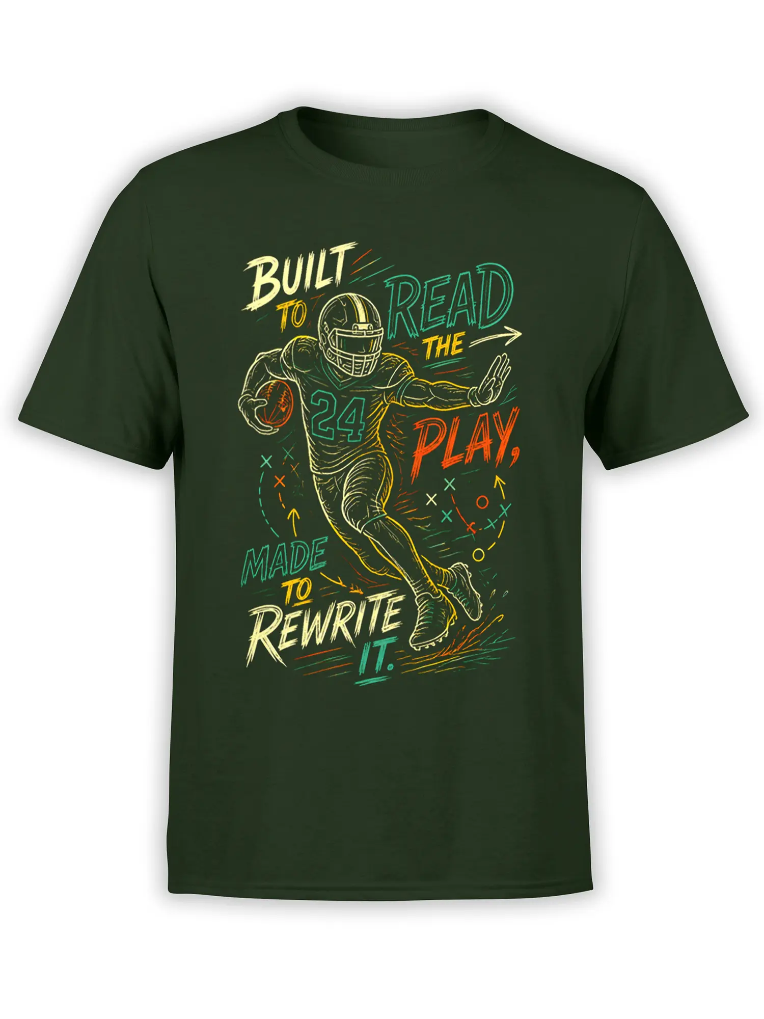 Green football t-shirt with helmeted number 24 player, colorful playbook arrows, and bold rewrite-the-play lettering